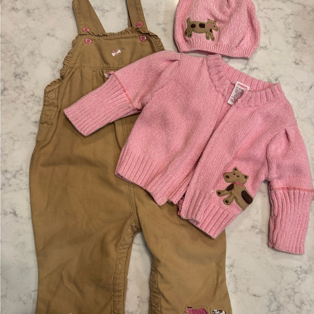 Gymboree Puppy Love Dog Overalls Sweater Hat Set 6–12M Vintage